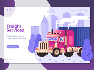 City freight services website landing page with container truck deliver to home. Worldwide logistic transportation web banner. Lorry cargo service commercial auto shipping concept with heavy trailer.