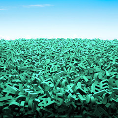 Obraz premium Big data concept, huge amount of green letters and numbers for background, with blue sky.