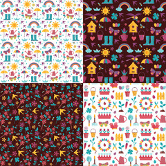 Spring pattern set with blooming sakura, birds, rainbow, umbrella, bird house and gardening icons. Springtime seamless backgrounds for wrapping paper or print with seedling and landscaping elements.