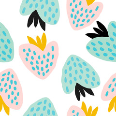 Pastel seamless pattern with berries. abstract hand drawn strawberries on white background. Vector illustration, backdrop, wallpaper template for cards, banners, print fabric, t-shirt, textile.