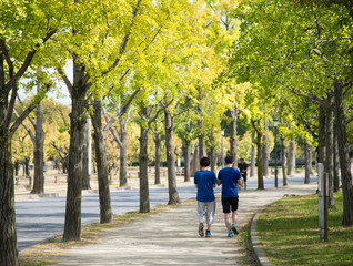 Obraz premium People running and walking in the park 
