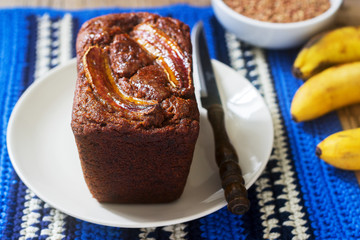Homemade buckwheat banana cake with honey glaze. Gluten free baking.
