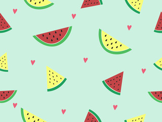 Sliced piece of red and yellow watermelon on pastel blue background decorated with pink heart. Sweet and delicious tropical fruit for summer refreshing. Vector design seamless pattern for wallpaper.
