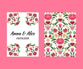 Vintage flowers wedding save the date card template vector. Hungarian folk pattern. Kalocsa embroidery floral ethnic ornament. Background for birthday invitation, anniversary, bridal shower party.