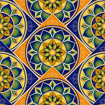 Spanish tile pattern vector seamless with parquet ornament. Portugal azulejos, mexican talavera, italian sicily majolica or barcelona ceramic. Mosaic background for kitchen wall or bathroom floor.