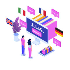 Obraz premium Online Translation agency isometric concept. Interpretation services. Vector illustration