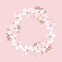 Fototapeta na wymiar Floral wreath with branch of delicate pink blooming flowers, bud and leaves isolated on pink background. Design for invitation, wedding or greeting cards with tropical exotic oleander. 