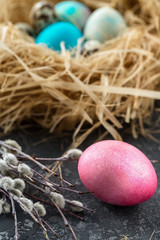 Colorful easter eggs  in straw nest on a gray table.
