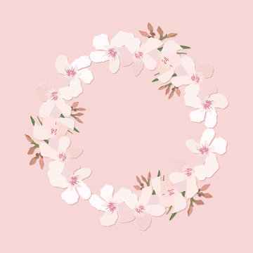 Floral wreath with branch of delicate pink blooming flowers, bud and leaves isolated on pink background. Design for invitation, wedding or greeting cards with tropical exotic oleander. 