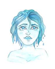 Zodiac beautiful girl. Aquarius sign. Watercolor and pencil on paper.
