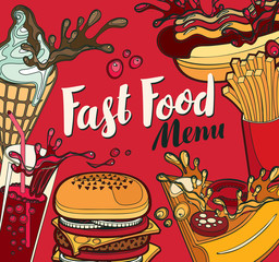 Vector cover for fast food menu with ice cream, cola, Burger, pizza, French fries and hotdog in retro style. Cartoon illustration with handwritten inscription. Fast food, healthy and unhealthy food