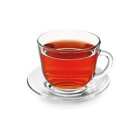 Cup of tasty hot tea on white background