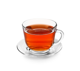 Cup of tasty hot tea on white background