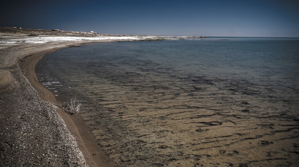 Fototapeta na wymiar Panorama view to Aral sea from the rim of Plateau Ustyurt near Duana cape in Karakalpakstan, Uzbekistan