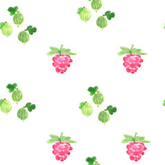 Watercolor seamless pattern with summer berries. Decorative background. Vibrant hand painted elements. Raspberry and gooseberry