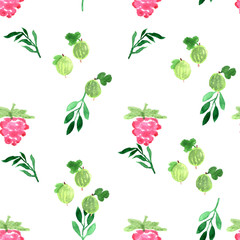 Watercolor seamless pattern with summer berries. Decorative background. Vibrant hand painted elements. Raspberry and gooseberry