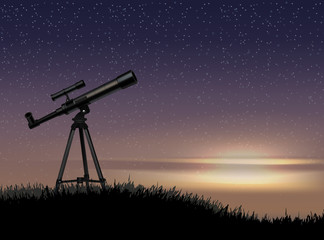 Silhouette of telescope on the rock with the star at the sky sunset