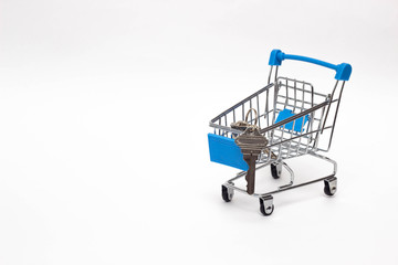 Shopping cart on a white background in which the keys to the apartment, the purchase of real estate, copy space
