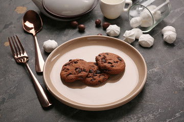 Beautiful table setting on grey background