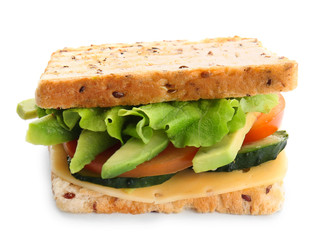 Tasty sandwich with avocado, vegetables and cheese on white background