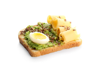 Tasty sandwich with avocado, egg and cheese on white background