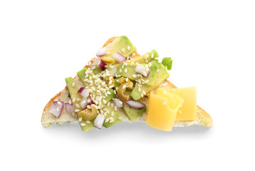 Tasty sandwich with avocado, vegetables and cheese on white background