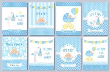 Baby Shower card. Vector Baby boy design. Invite banner. Cute birth party background. Welcome born template. Blue happy greeting poster with kid, stork, pram polka dot print. Cartoon flat illustration
