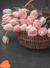 tulips in a wooden basket, hello spring