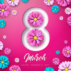 8 March. Happy Womens Day Floral Greeting card. International Holiday Illustration with Flower Design on Pink Background. Vector Spring Template.
