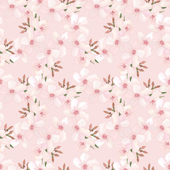 Spring floral seamless pattern with delicate small flowers and buds of pink oleander. Tropical endless texture. Summer print. Textile design. Blooming Nerium. illustration