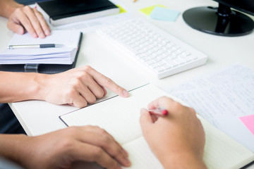 Group of diverse young adults university tutor presentation work information student on laptop discussing data, education concept.