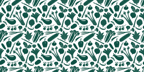 Fun hand drawn vegetables seamless pattern. One color graphic. Vegetables background. Linocut style. Healthy food. Vector illustration