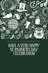 St. Patricks day design template. Vector hand drawn illustrations on chalk board. Irish vintage background. Can be use for menu cover or packaging.