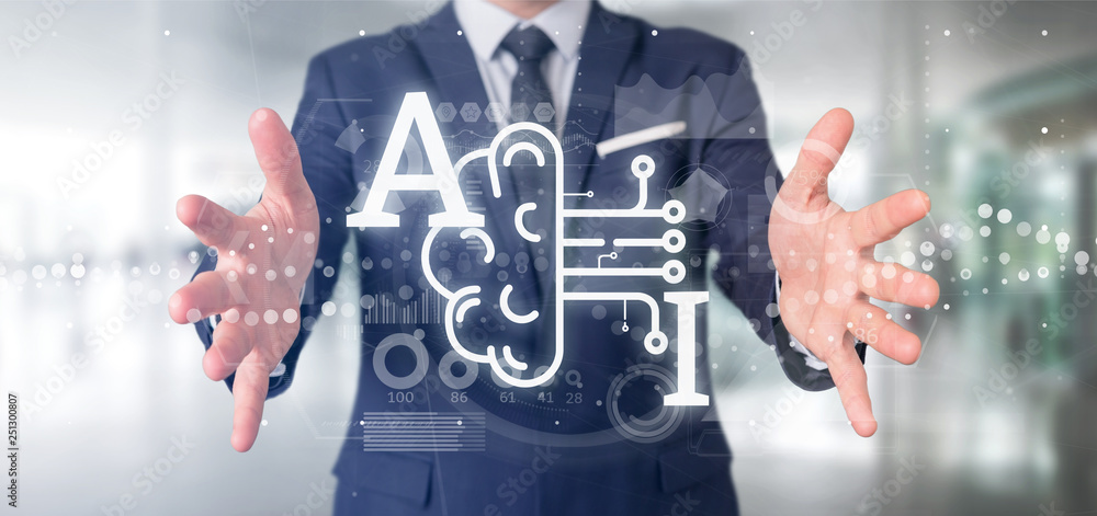 Poster business man holding artificial intelligence icon with half brain and half circuit 3d rendering