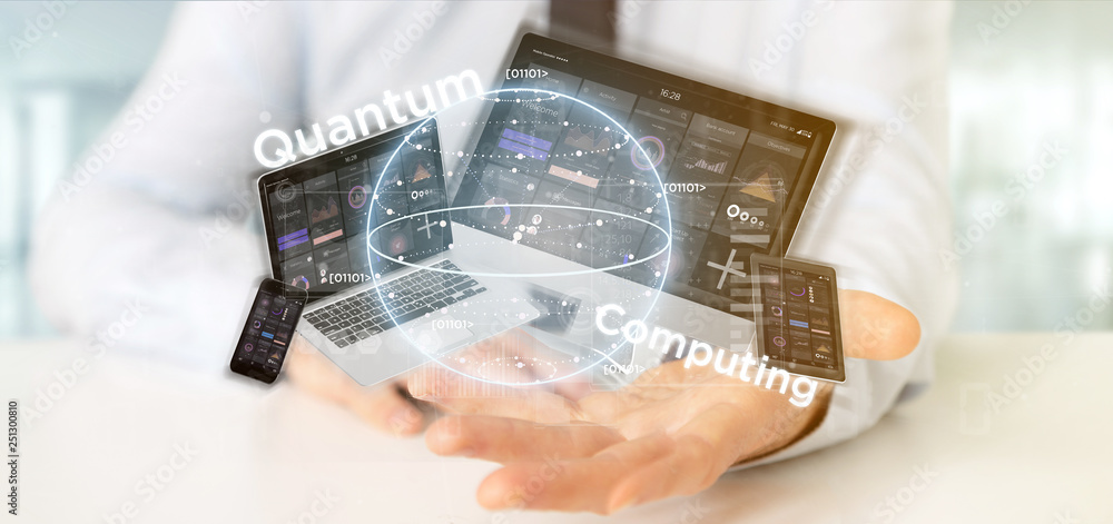 Poster businessman holding quantum computing concept with qubit and devices 3d rendering