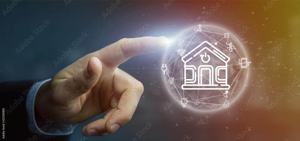 Poster businessman holding smart home interface with icon, stats and data 3d rendering