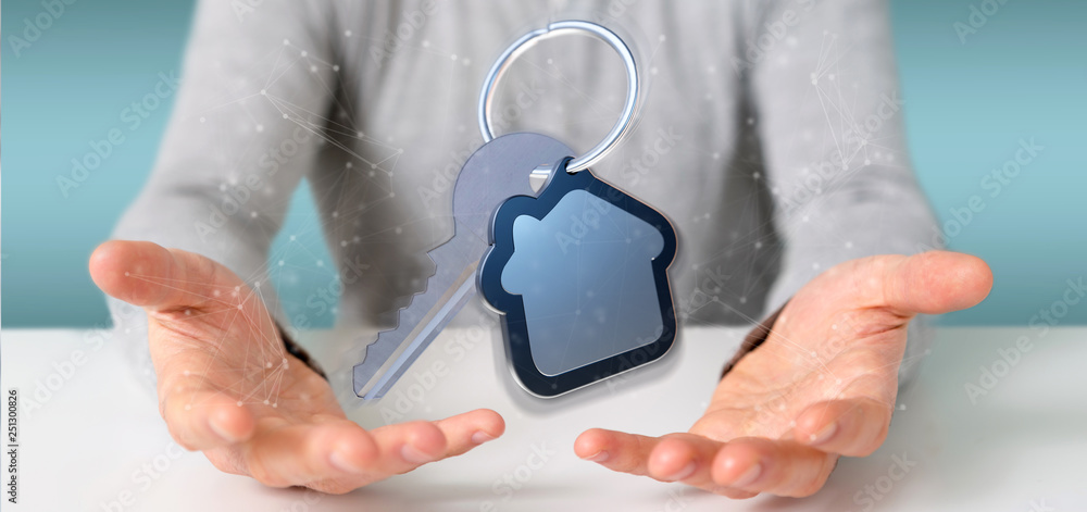 Aufkleber man holding a house moneybox with coin surrounding all over 3d rendering