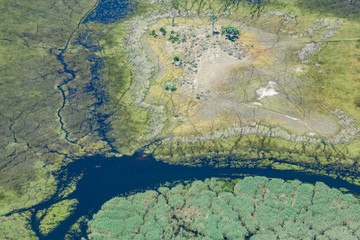 aerial view on Okavango Delta landscape, river, trees, grassland