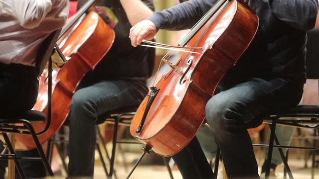 Close up footage of a person performing on a cello during a concert.