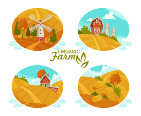 Farming landscape concept. Vector illustration with barn, houses and country yard. American farm in the summer. Poster of organic fresh food. 