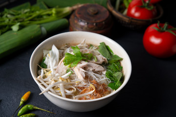 Rice noodles soup and chicken