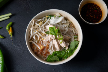 Rice noodles soup and chicken