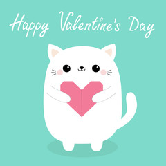 Happy Valentines Day. White baby cat kitten head face holding pink origami paper heart. Cute cartoon kawaii funny kitty animal character. Flat design. Love card. Blue background. Isolated.
