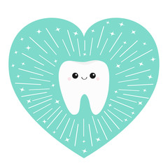 Healthy tooth heart icon. Smiling face. Round line circle. Oral dental hygiene. Children teeth care. Cute love character. Shining effect stars. Blue background. Isolated. Flat design.