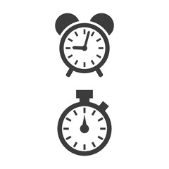 Alarm clock and stopwatch icons on white background.
