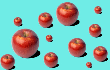 Fresh apples (apple) pattern on blue background. Minimal concept. Summer minimal concept. Flat lay