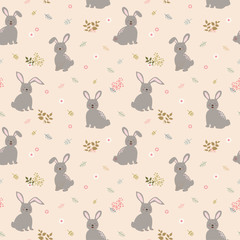 Seamless pattern with rabbits the gang on cute floral background.Perfect for kid product,apparel,fashion,fabric,textile,print or wrapping paper