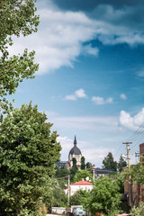 Lviv cityscape and christian Church of ascension of lord in Ukraine