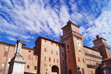 Este castle and statue of Savonarola, Ferrara, Italy