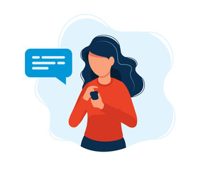 Woman with smartphone. Concept illustration, texting, messaging, chatting, social media, customer assistance, meeting via internet, communication. Bright colorful vector illustration. 